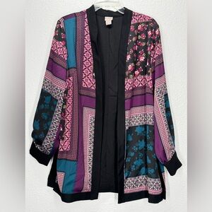 Chico's Multicolored Patchwork Boho Open-Front Cardigan 12/14 Fully Lined